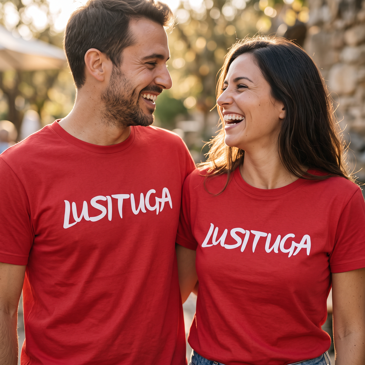Homme et femme portant le t-shirt rouge LusiTuga Saudade, logo LUSITUGA brodé sur la poitrine